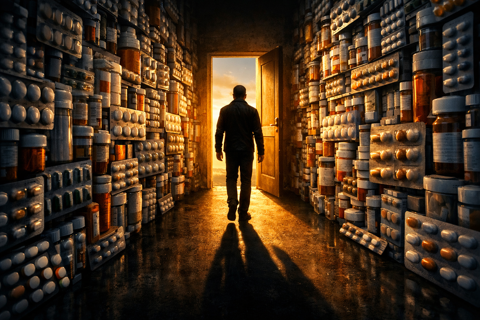 A silhouette walking toward an open door with warm light, leaving behind a corridor of pill bottles